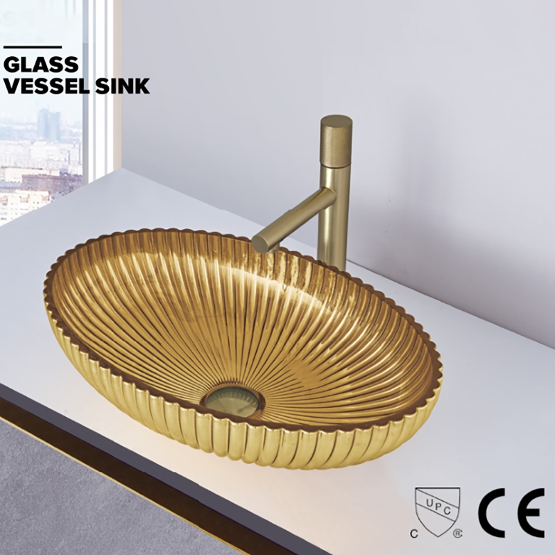 Modern Style design Golden color Oval Shape glass basin bathroom sink